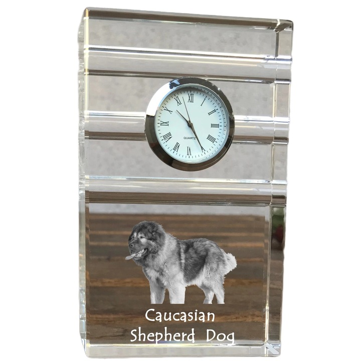 Art-Dog díszóra, Glasuhr fotóval, 14x8,6x2,4cm, optikai kristály, kutyaképpel személyre szabva