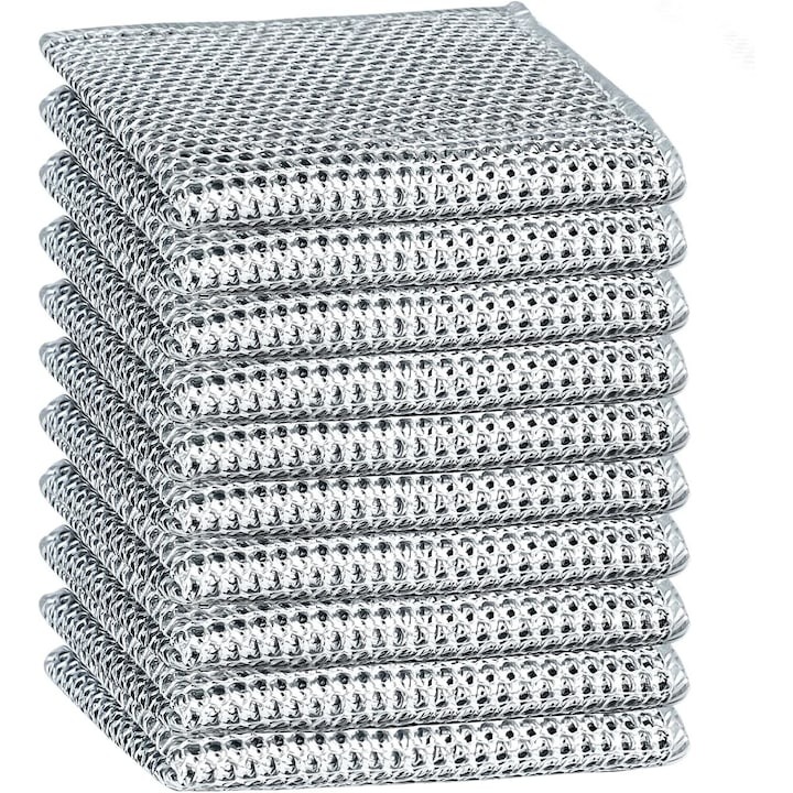 Комплект от 10 кърпи с двоен слой от абразивно влакно за съдове, мокро и сухо, телена кърпа, 20 х 20 см, сребристи