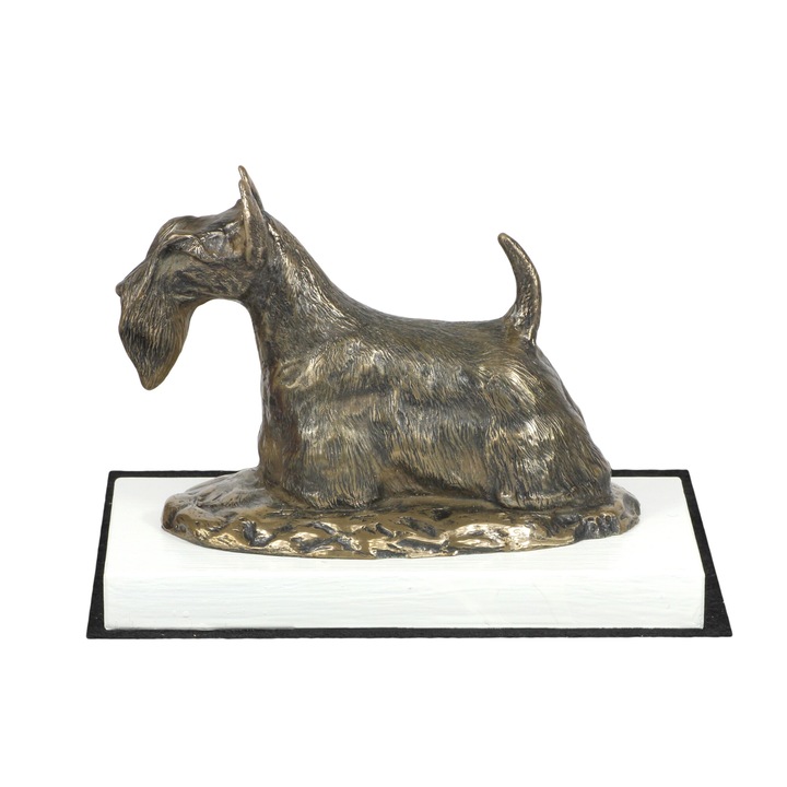 Skót terrier kutya szobor, Art-Dog, fehér alapon, kis méretű, bronzot imitáló anyagból