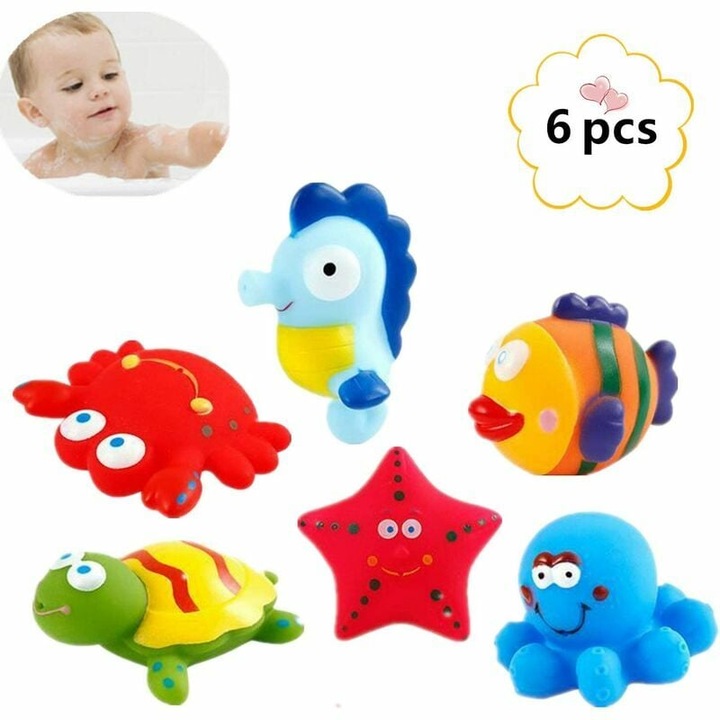 EMAGFP-BST3143058-A fürdőjáték készlet, 6 darabos, puha, nyomkodható, oktató, PU gumi úszó tengeri állatok, többszínű