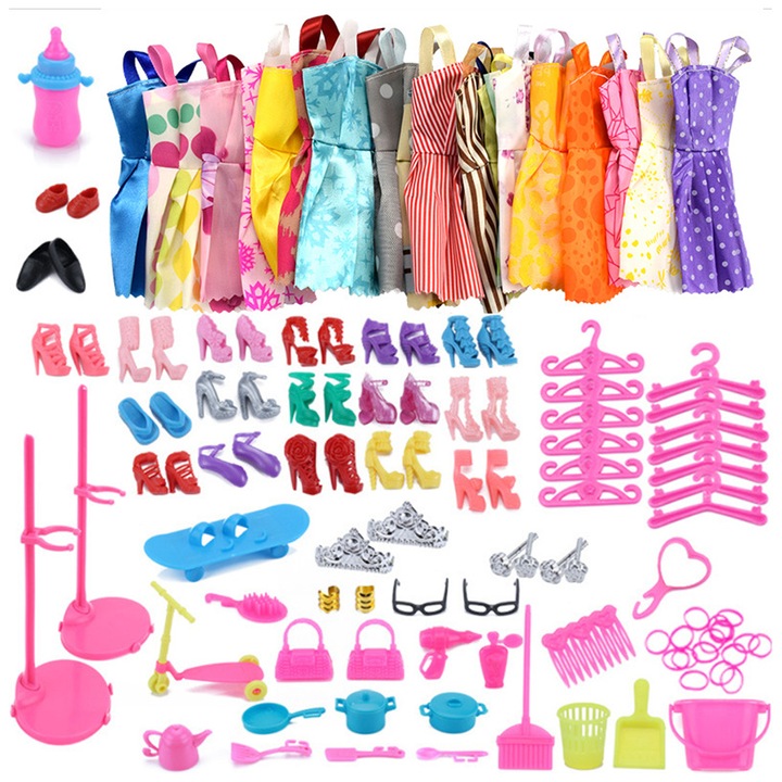 85 darabos ruhakészlet Barbie babáknak, kiegészítőkkel, többszínű, poliészter