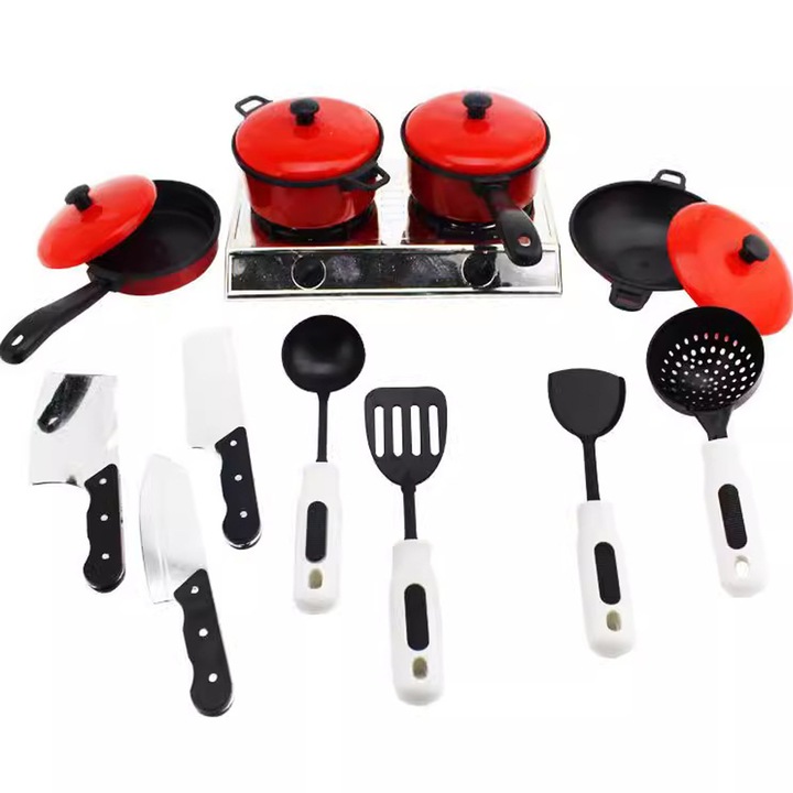 13 darabos/szett piros konyhai evőeszköz játékok, babajelmez, játékfunkció, főzőeszközök, oktató játékok