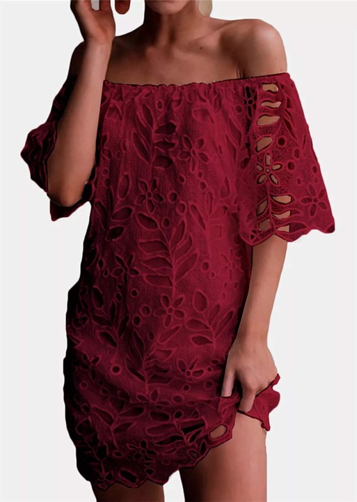 Női ruha, Jormftte, virágos csipke, nyitott vállú, rövid ujjú, piros, 85% poliészter, 15% pamut, L INTL