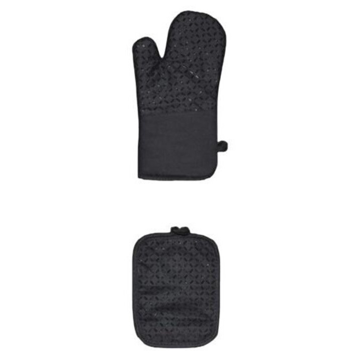 Konyhai kesztyű készlet, égésgátló, csúszásmentes, fekete, akasztókkal