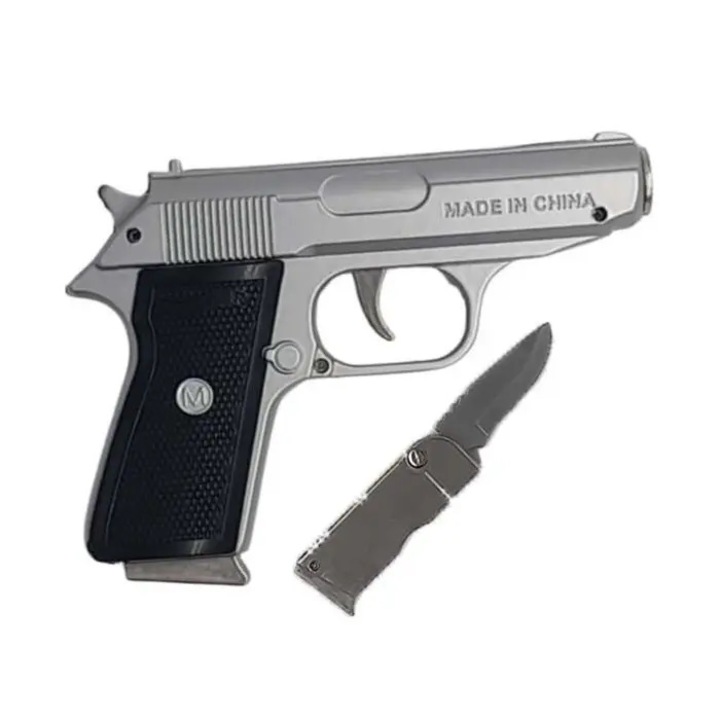 Bricheta Antivant cu Briceag, Pistol Metalic, Gaz, Husa cu Sistem de Prindere, Gri 13 cm, Dalimag