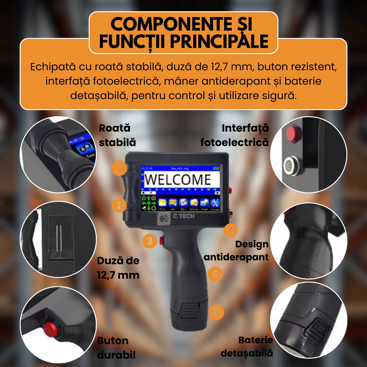 Imprimanta portabila C Tech® Inkjet, tip pistol, Dimensiune