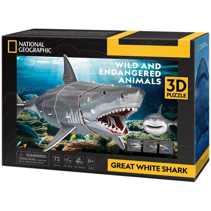 Puzzle 3D Cubic Fun - National Geographic, Marele rechin alb, 72 piese