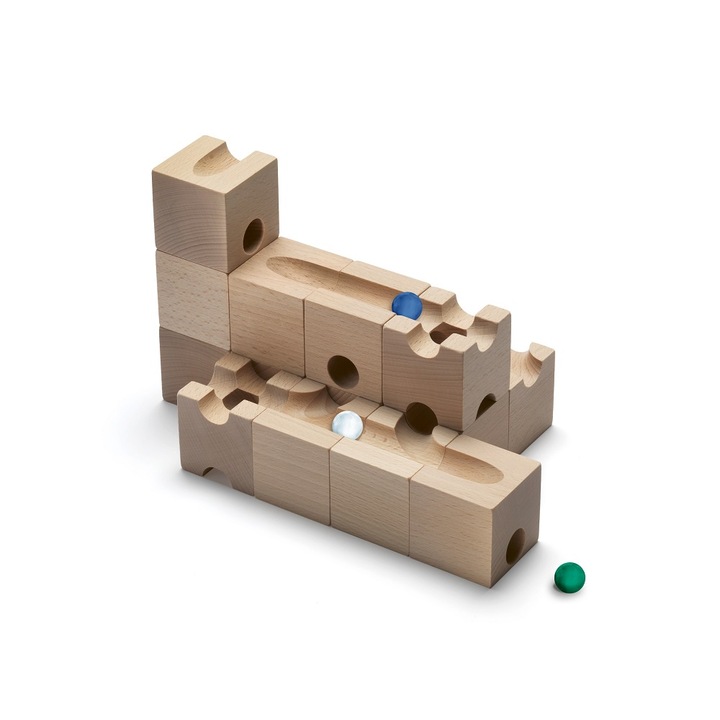 Set joc din lemn pentru copii CUBORO, Trick, CBR215, 16 piese, 5 bile din marmura incluse, pentru 1-5 jucatori, dezvolta concentrarea si motricitatea, lemn natur