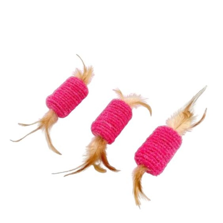 Set 3 jucarii interactiva pentru pisici, bila cu clopotel, roz