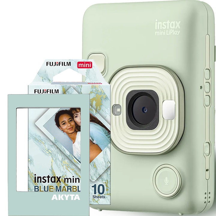 Зелена хибридна моментална камера Fujifilm Instax mini LiPlay с хартия 1x10 и магнитна рамка Akyta