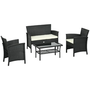 Set canapea/2 scaune/masa de gradina Outsunny, sticla/ratan/otel, negru/crem
