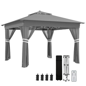Pavilion gradina cu lumini solare, Outsunny, 336x336x250-270 cm, LED, gri, otel/poliester