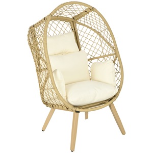 Scaun de gradina, Outsunny, cu sezut si tetiera captusite, scaun din ratan PE, poliester si otel, 88x85x143 cm, culoare crem si lemn