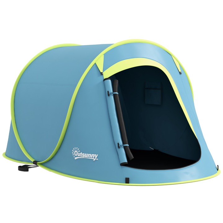 Cort camping pop-up, Outsunny, impermeabilitate 2000mm, 245x148x105cm, albastru, poliester