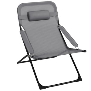 Scaun de gradina pliabil, Outsunny, spatar reglabil si suport pentru cap, metal/poliester, 69x91x96 cm, negru/gri, 120 kg