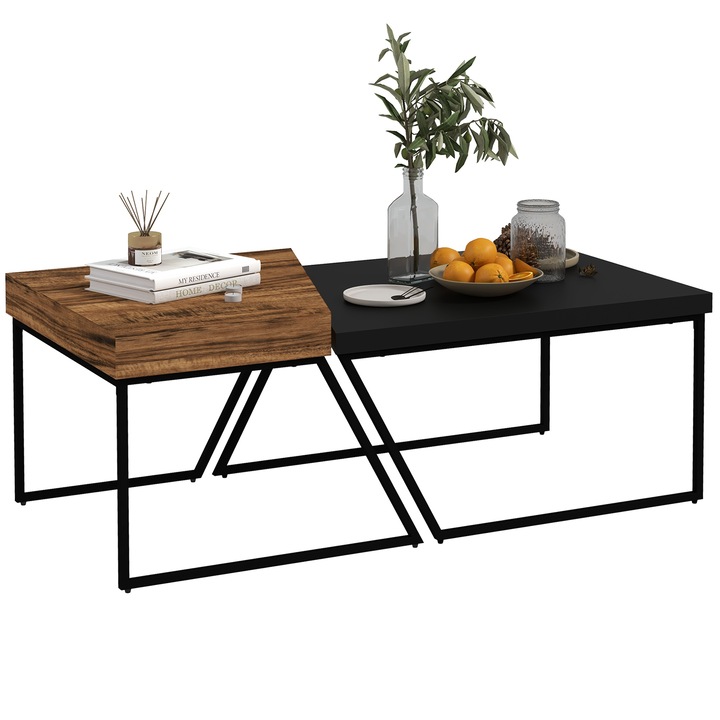 Комплект от 2 Холни маси Homcom, ПДЧ/Стомана, Кафяво/Черно, 80x60x42см/60x60x46см