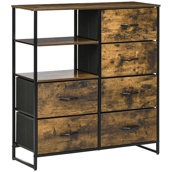 Comoda, Homcom, poliester/MDF/otel, 6 sertare pliabile, 84x30x92cm, maro/negru
