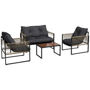 Set mobilier gradina Outsunny, ratan sintetic/otel/poliester, canapea, 2 scaune, masuta cafea cu blat sticla, gri/maro