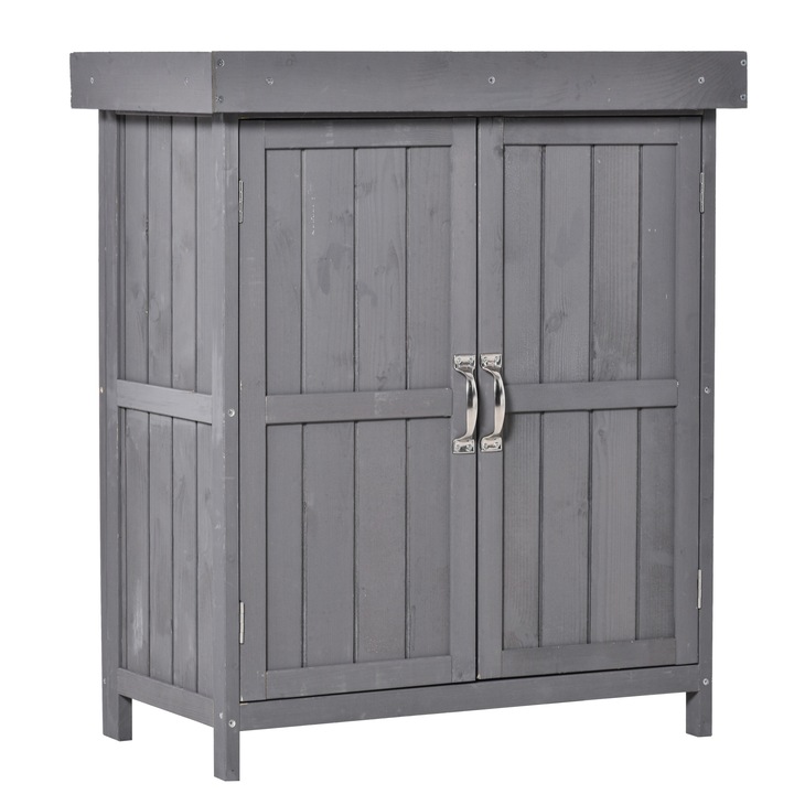 Градински шкаф Outsunny, 2 рафта, 2 врати, дърво, сгъваем покрив, сив, 74x43x88 см