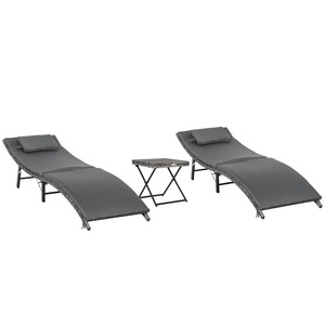 Set mobilier gradina Outsunny, otel/ratan sintetic/poliester, 2 sezlonguri pliabile, masa, gri, 196x61x53cm