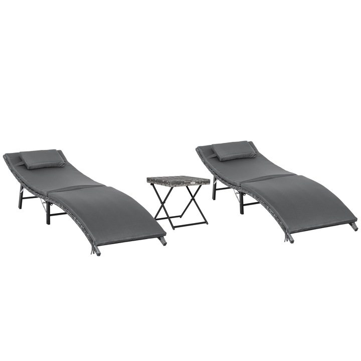 Set mobilier gradina Outsunny, otel/ratan sintetic/poliester, 2 sezlonguri pliabile, masa, gri, 196x61x53cm