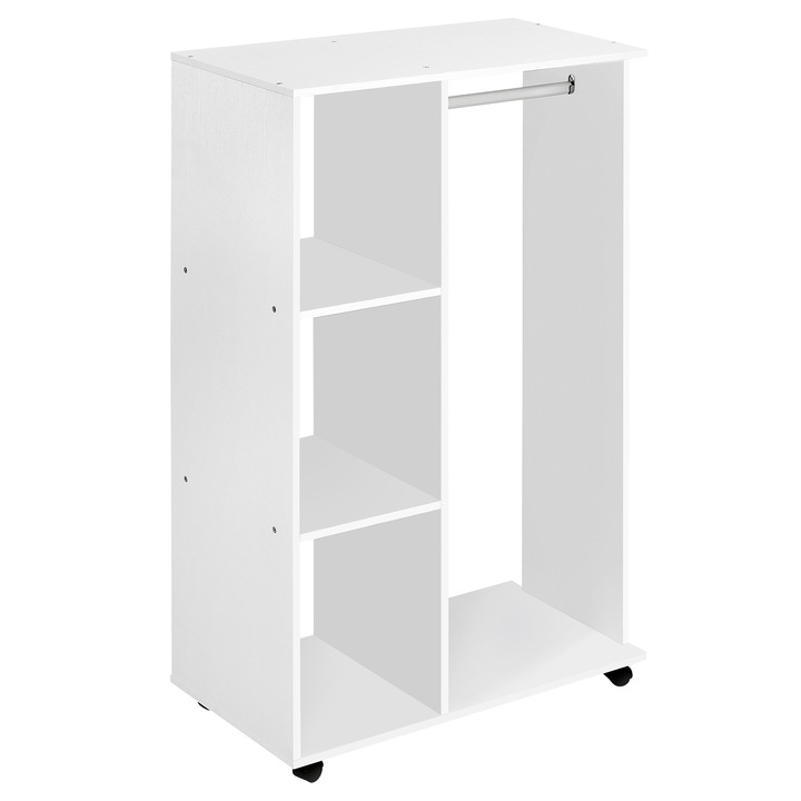 Organizator imbracaminte HomCom, 3 rafturi, compartiment cuier, pe roti, alb, 80x40x128cm