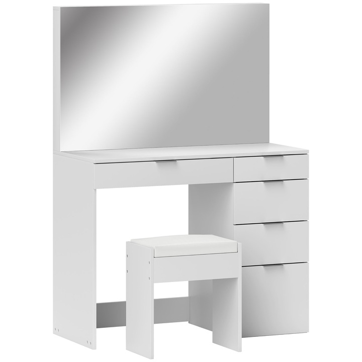 Set Masa de Toaleta cu Oglinda si scaun, Homcom, PAL, Alb, 97.2x44.5x136.5 cm, 40x24x46 cm