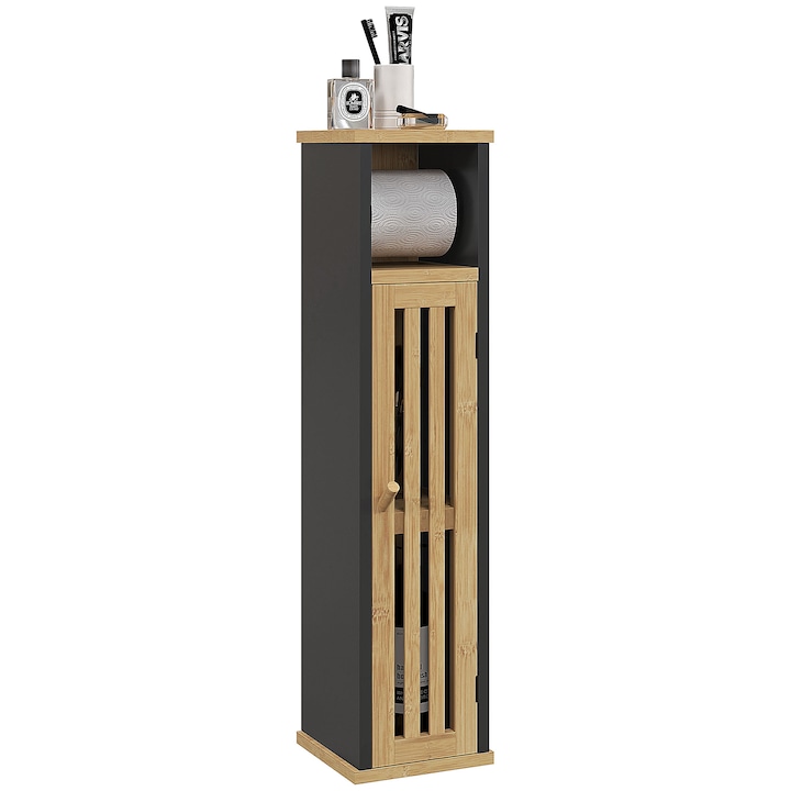 Mobilier baie HOMCOM, cu ripiano deschis si armadita cu ripiano reglabil, bambus si MDF, 18x18x75 cm, negru si lemn natural