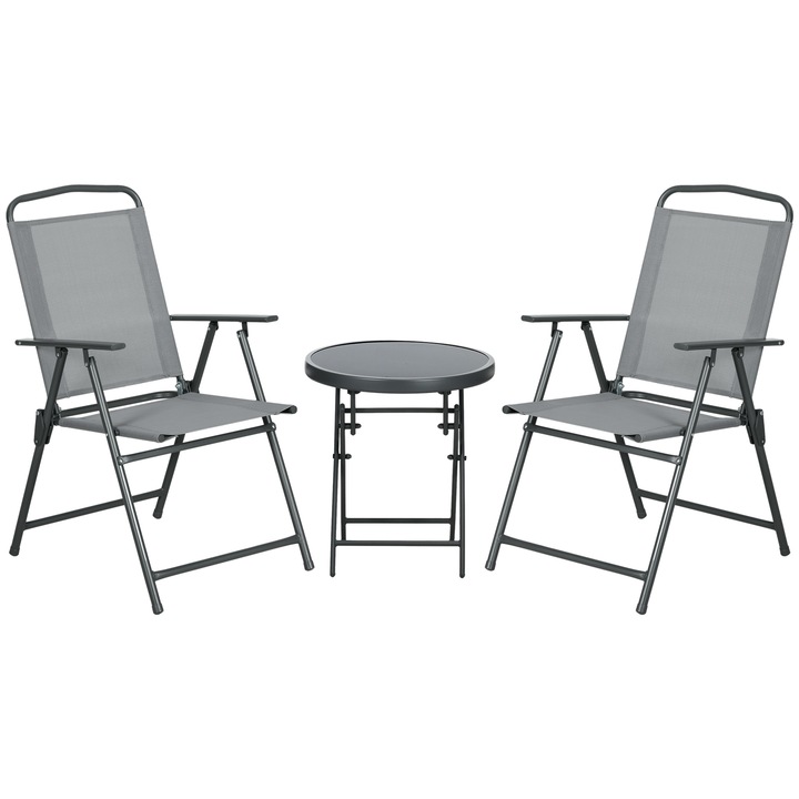 Set mobilier gradina Outsunny, 3 piese, 2 scaune pliabile, masa cafea O45x50cm, metal, gri deschis