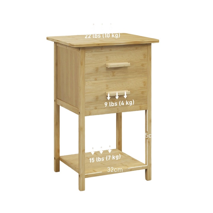 Set 2 Noptiere HOMCOM, 2 sertare, Bambus, 40x34x60 cm, Natur