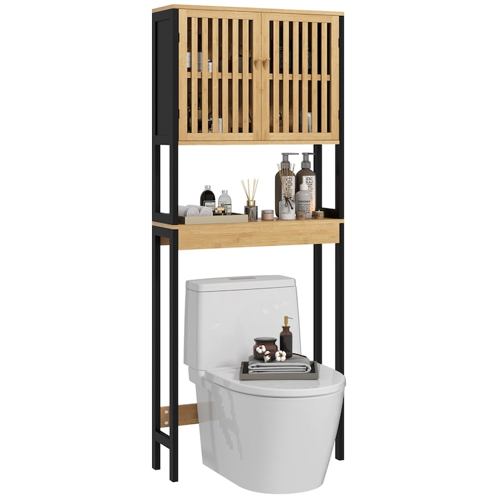Mobilier baie vertical HOMCOM, 2 usi, bambus, 60x21.5x172cm, bej/negru