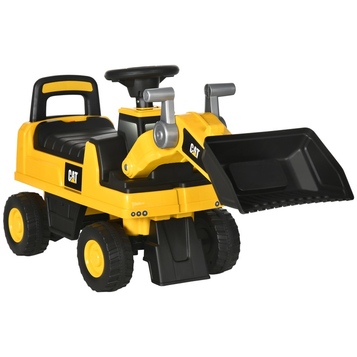 Buldozer de jucarie pentru copii, Homcom, excavator cu spatiu de depozitare, claxon, 18-36 luni, 78x29.5x54cm, galben/negru