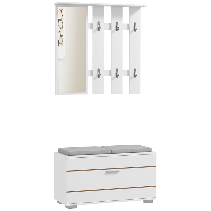 Set mobilier pentru hol Homcom, 4-in-1, dulap pentru 8 perechi de pantofi, cu oglinda si cuier, alb, 85x35x49cm