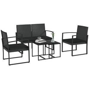 Set mobilier gradina 5 piese, Outsunny, 2 scaune cu brate, canapea 2 locuri, 2 masute, perne, negru