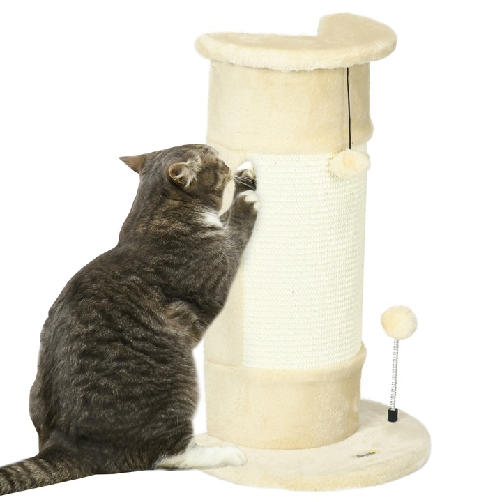 Arbore de zgariat PawHut pentru pisici de pana la 5 kg cu 2 bile, covoras din sisal si husa de plus, 34x25.5x58 cm, bej