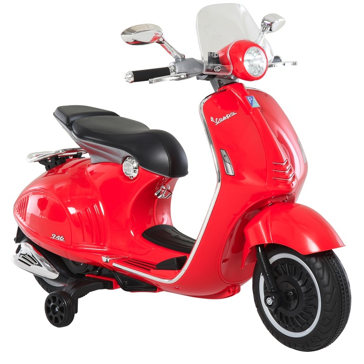 Електрически мотоциклет за деца, Homcom, лиценз Vespa, 2 стабилни колела, червен, от 3 години, PP/Steel, 108x49x75 cm