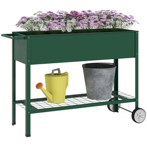 Ghiveci Outsunny, metal, cu raft inferior si roti, verde, 109x44x80cm