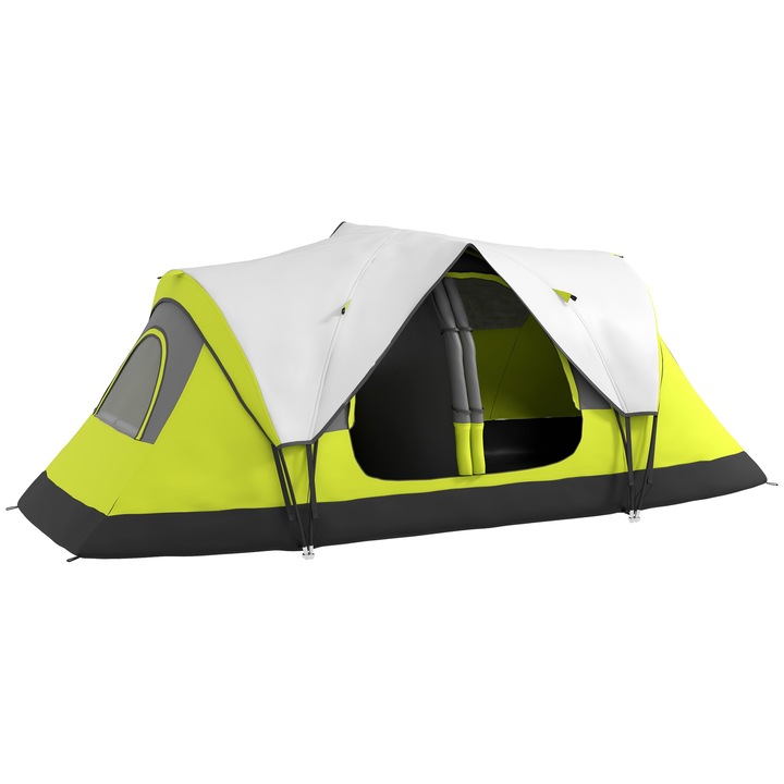 Cort pentru camping Outsunny, 4 Persoane, 2 Dormitoare, Poliester, Verde, 450x215x180cm