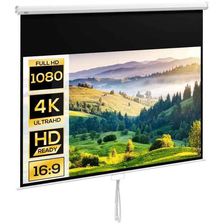 Прожекционен екран Homcom, 100", 16:9, стенен или таван, 221x124 см, бял