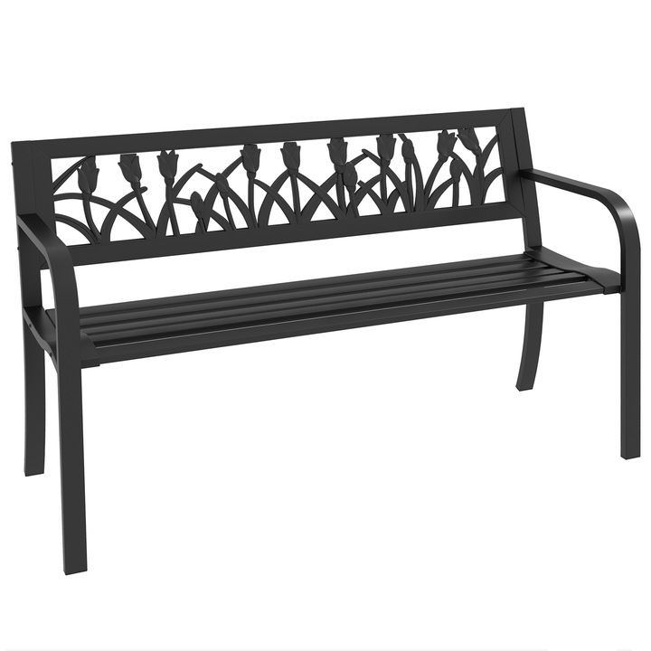 Banca de gradina, Outsunny, 2 locuri, cu spatar decorat, 125x50x75cm, neagra