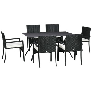 Set mobilier gradina Outsunny, 7 piese, rattan PE, negru si beige, masa 150x90x72cm, scaune 58x62x87cm
