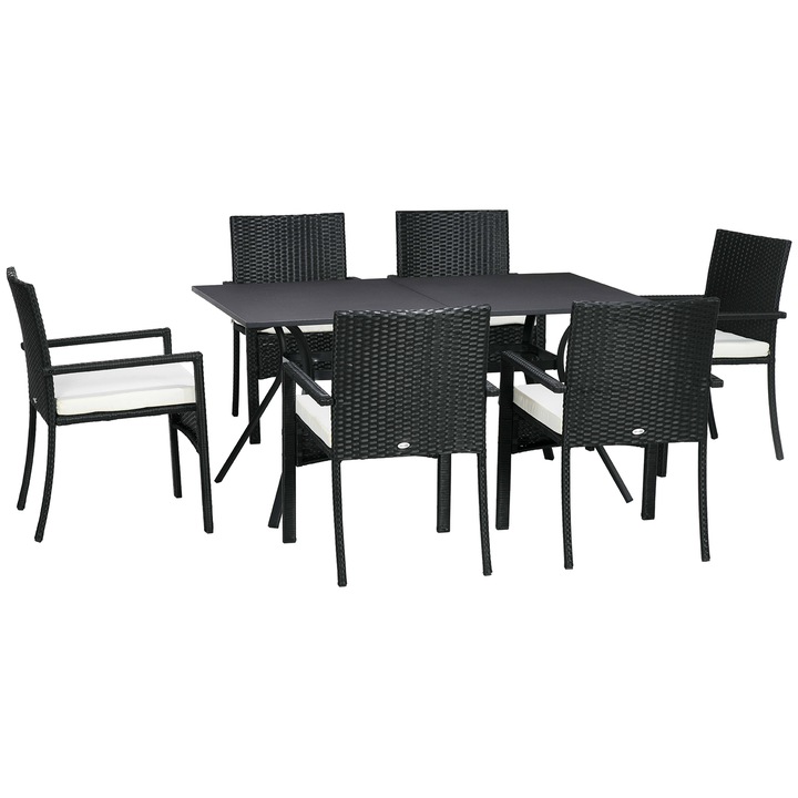 Outsunny kerti bútorkészlet, 7 db, PE rattan, fekete és bézs, asztal 150x90x72cm, székek 58x62x87cm