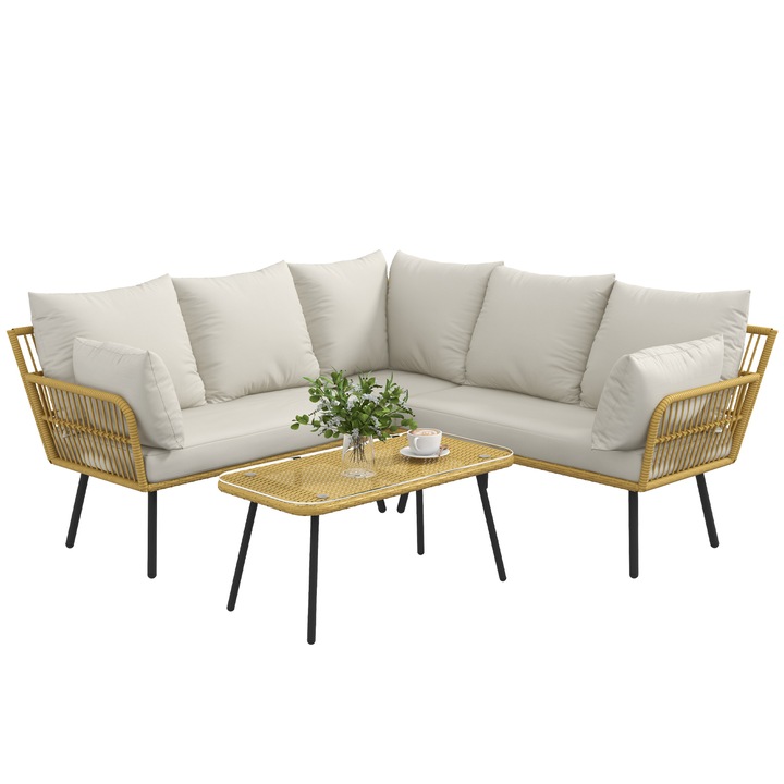 Set mobilier gradina Outsunny, ratan PE, 2 divane, 1 fotoliu colt, 1 masuta, crem, 112x63x74cm
