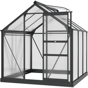 Sera de gradina, Outsunny, sera din policarbonat si aluminiu cu usa glisanta, gura de aerisire pe acoperis si jgheab, 2x2m, gri