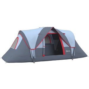 Cort de camping, Outsunny, hidrofug, pentru 5-6 persoane, 3000 mm cu protectie UV, stalpi din fibra de sticla, 4,55x2,3x1,8 m, gri