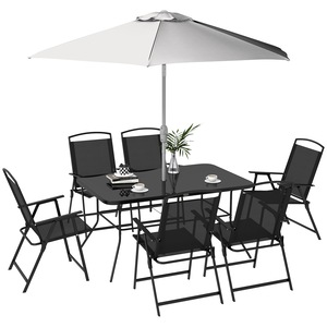 Set mobilier gradina Outsunny, 8 piese, masa 140x90x70cm, 6 scaune pliabile, umbrela reglabila, negru si gri