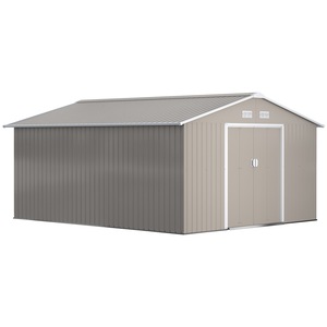 Sopron de gradina Outsunny cu usi glisante duble si acoperis inclinat, sopron de gradina din otel, 3,4x4x2 m, gri deschis