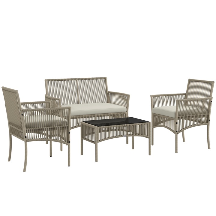 Set mobilier gradina, Outsunny, 4 piese, kaki si negru, rattan PE, structura din otel