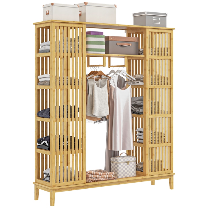 Dulap HOMCOM din bambus cu 2 usi glisante, 11 compartimente, 145x35x165cm, finisaj lemn natural