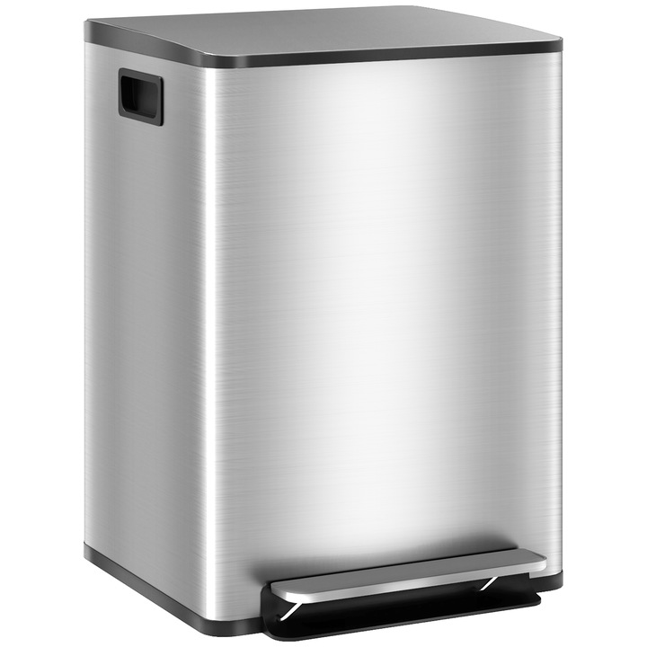 Cos de gunoi Homcom, 2 compartimente 20L, inchidere silentioasa, argintiu, 41.8x36.7x58cm
